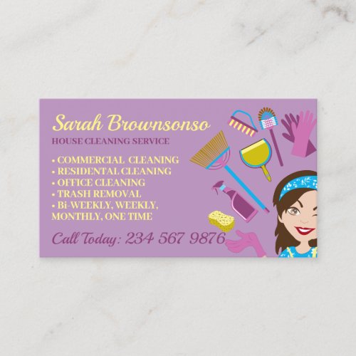 Purple Clean Janitorial Lady House Cleaning Business Card