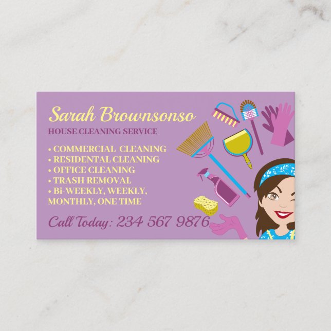 Purple Clean Janitorial Lady House Cleaning Business Card (Front)