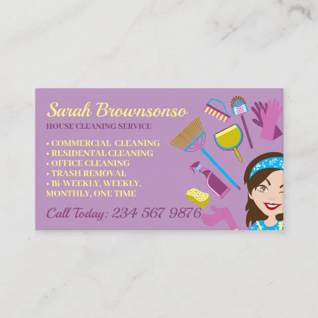 Purple Clean Janitorial Lady House Cleaning Business Card | Zazzle