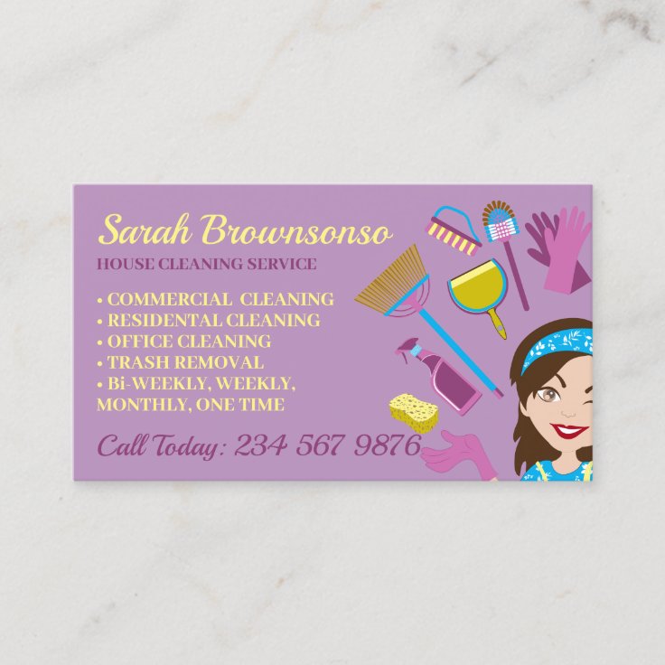 Purple Clean Janitorial Lady House Cleaning Business Card | Zazzle