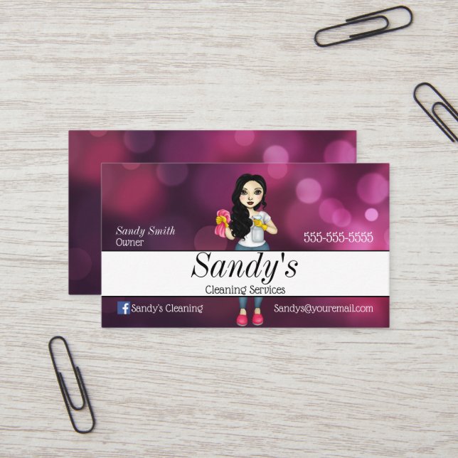 Purple Cleaning Services Business Card (Front/Back In Situ)