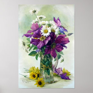 Purple Clematis and White Daisies Print