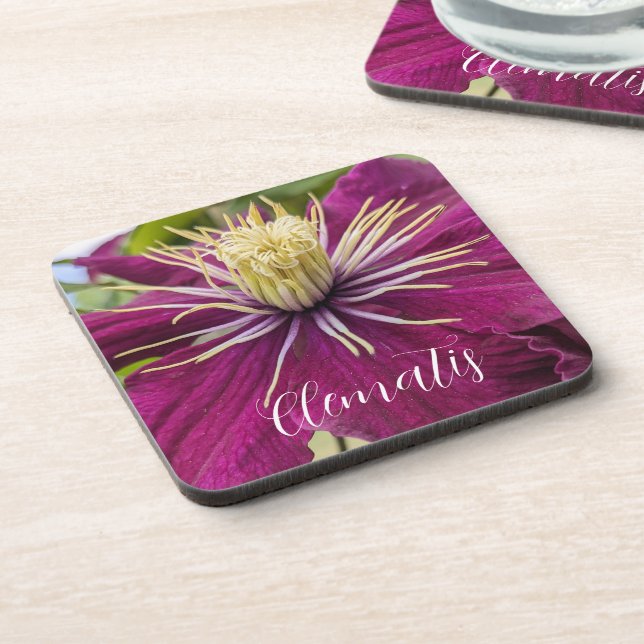 Purple Clematis Bloom Floral Beverage Coaster (Left Side)
