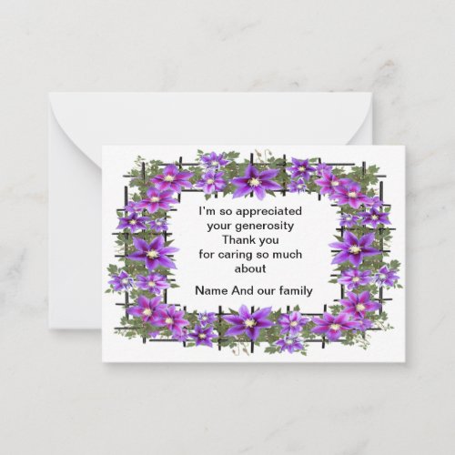 Purple clematis flower after funeral thank you note card