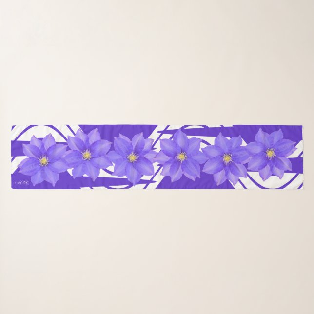 Purple Clematis Flowers Long Chiffon Scarf (Front (Horizontal))