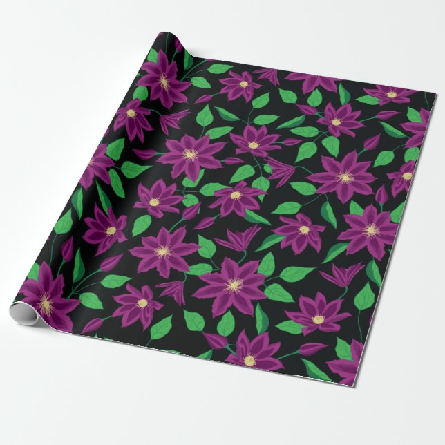 Purple clematis flowers pattern wrapping paper (Unrolled)