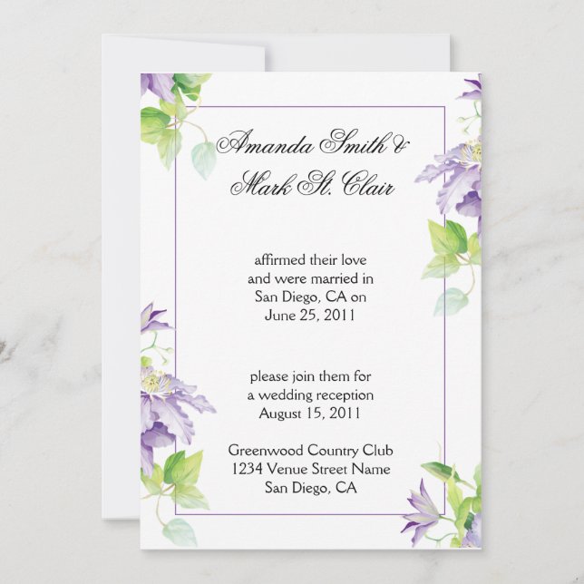 Purple Clematis Post Wedding Reception Invit Invitation (Front)