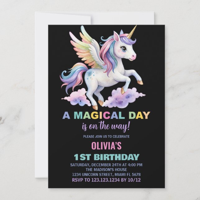 Purple Cloud Unicorn Birthday Invitations (Front)