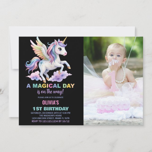 Purple Cloud Unicorn Birthday Invitations photo (Front)