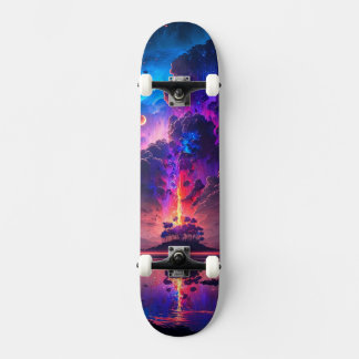 Purple Clouds and Tree Island by the Lake Skateboard