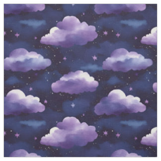 Purple Clouds & Stars on Black Fabric