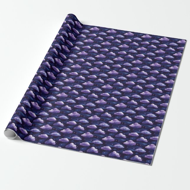 Purple Clouds & Stars on Black Wrapping Paper (Unrolled)