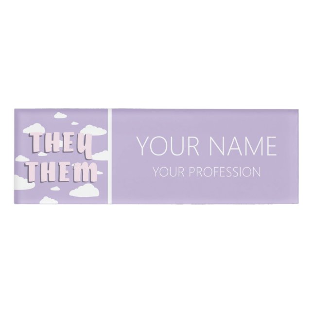 Purple Clouds They Them Pronouns Name Tag (Front)