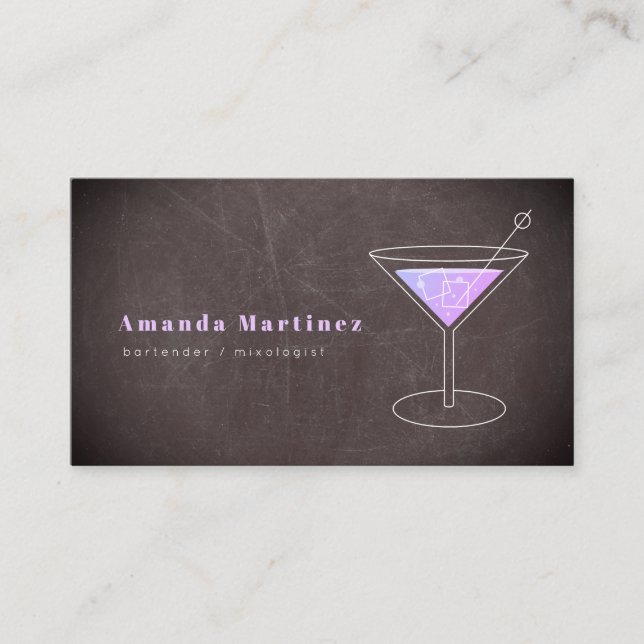 Purple Cocktail Bartender Mixologist Chalkboard Business Card (Front)