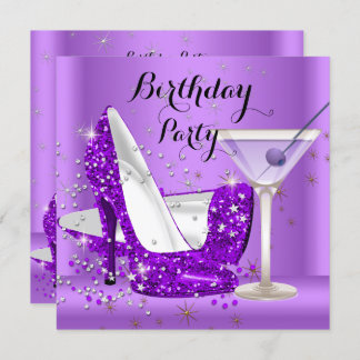 Purple Cocktail Glitter High Heels Birthday Party Invitation