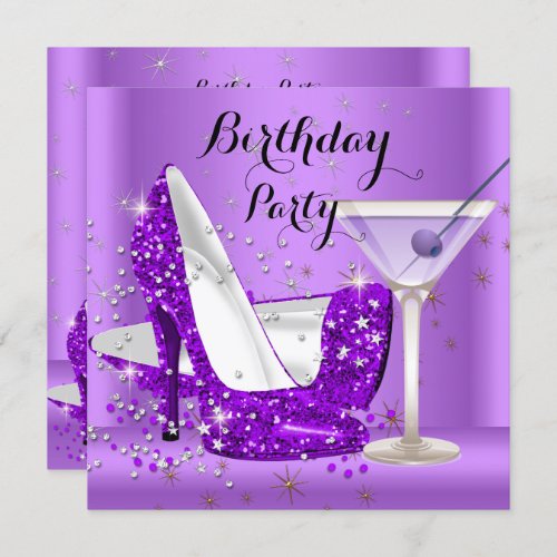 Purple Cocktail Glitter High Heels Birthday Party Invitation