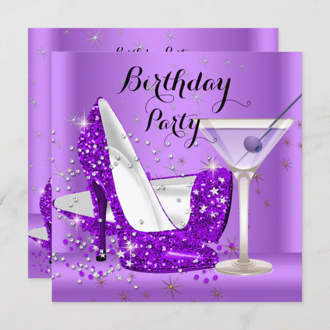 Purple Cocktail Glitter High Heels Birthday Party Invitation Zazzle