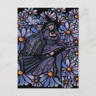 Purple Coffee Witch Daisy Art Holiday Postcard