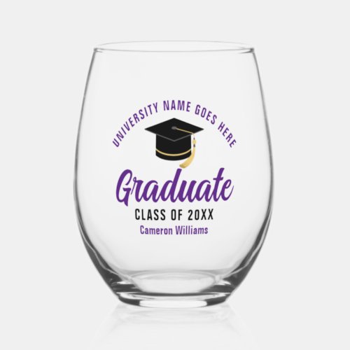 Purple College Graduation Custom 2024 Graduate Stemless Wine Glass