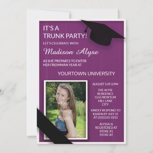 Purple College Trunk Party Photo Invitation