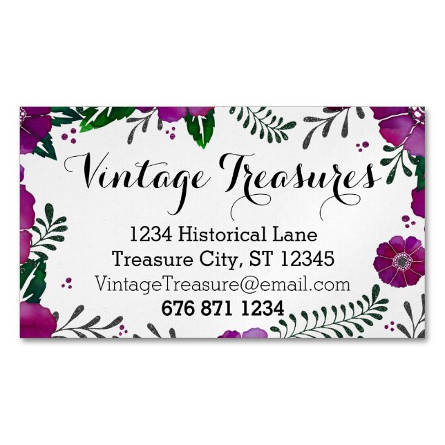 Purple Color Floral Pattern Business Card Magnet (Front)