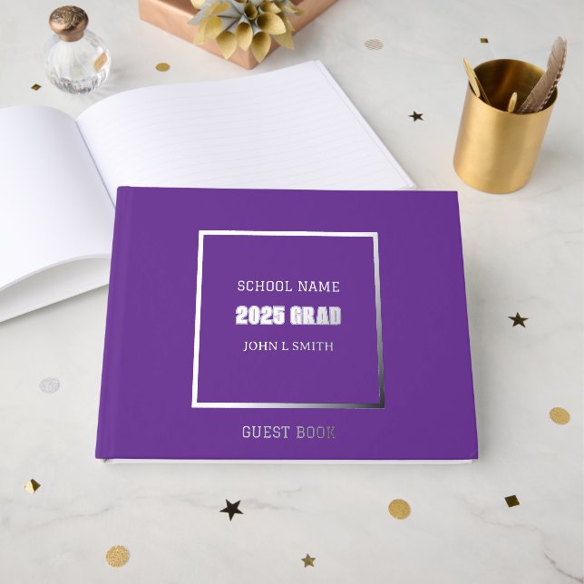 Purple Color School Grad with Name Foil Guest Book (Front Open)