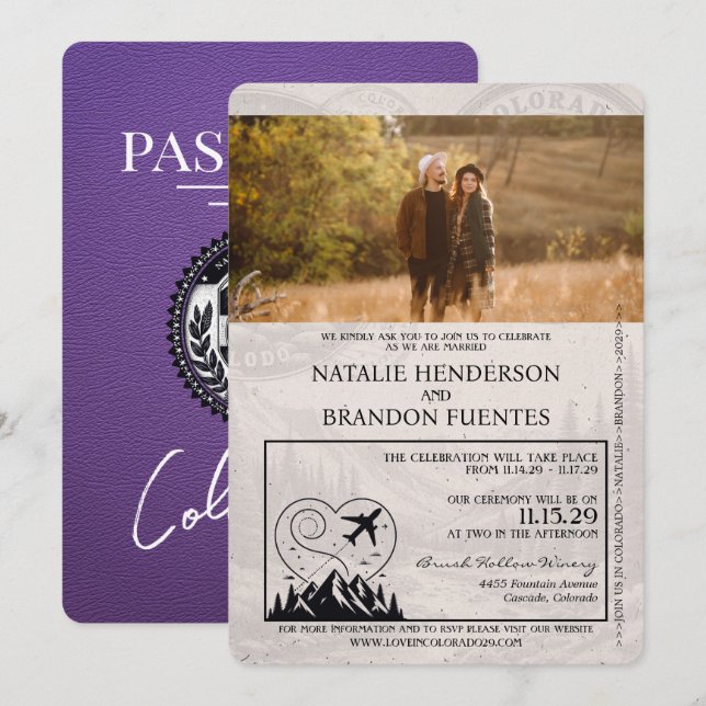 Purple Colorado Passport Wedding Invitation (Front/Back)