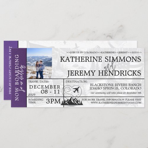 Purple Colorado Wedding Boarding Pass Invite