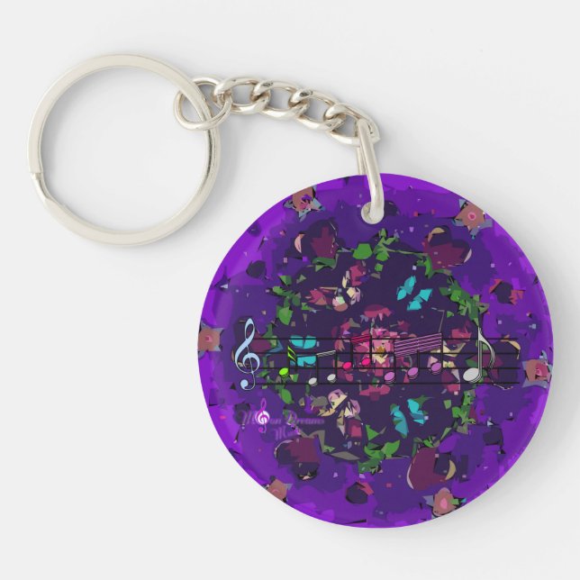 Purple Colorful Abstract Flowers & Music Keychain (Front)