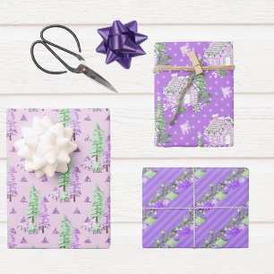 Purple Colorful Christmas Trees Holiday Wrapping Paper Sheets