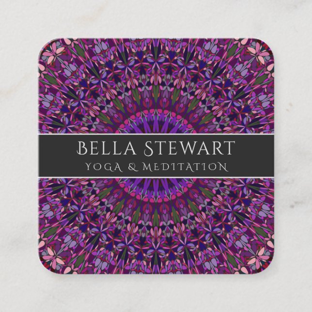 Purple Colorful Floral Mandala Square Business Card (Front)