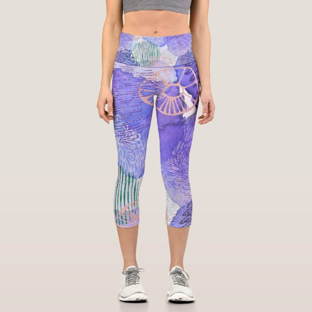Purple colorful funky abstract art capri leggings (Front)