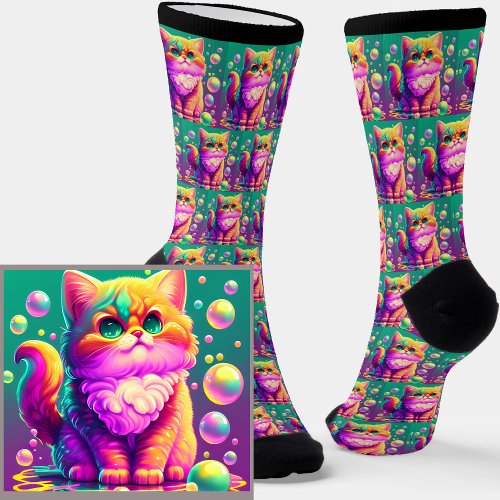Purple Colorful Gorgeous Cat Fantasy on Green      Socks
