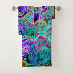 Purple Colorful Groovy Abstract Retro Liquid Swirl Bath Towel Set