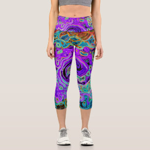 Purple Colorful Groovy Abstract Retro Liquid Swirl Capri Leggings
