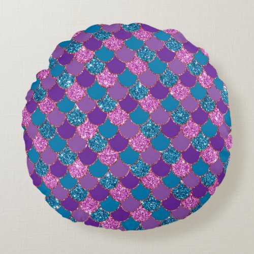 Purple Colorful Mermaid Glitter Round Pillow