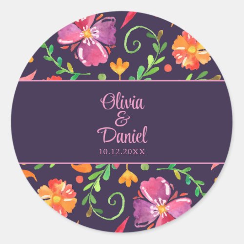 Purple Colorful Mexican Floral Fiesta Wedding  Classic Round Sticker