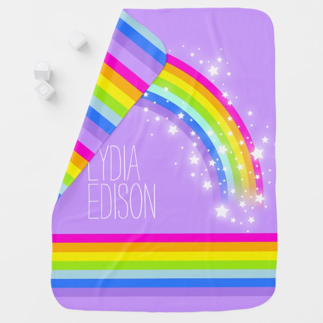 Purple colorful name rainbow two sided baby blanket (In Situ)