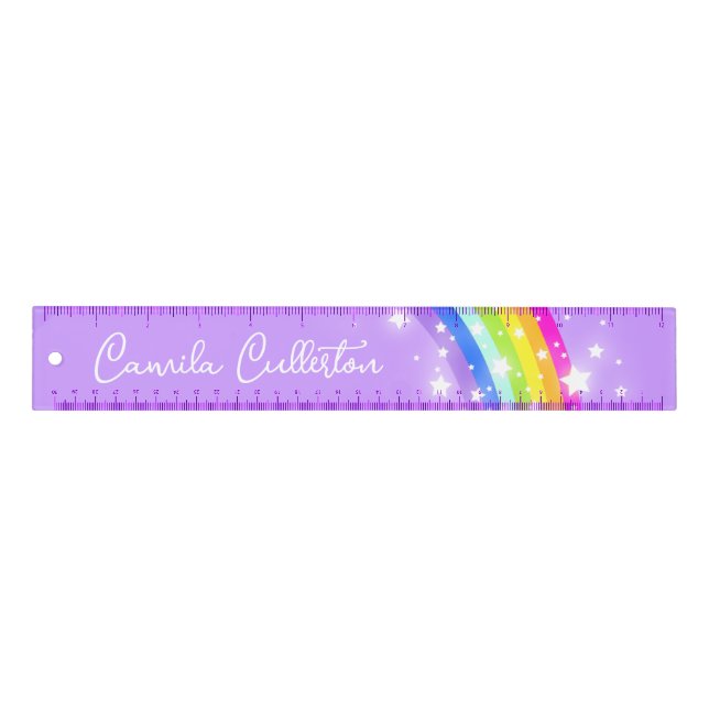 Purple colorful rainbow and stars custom name  ruler (Front)