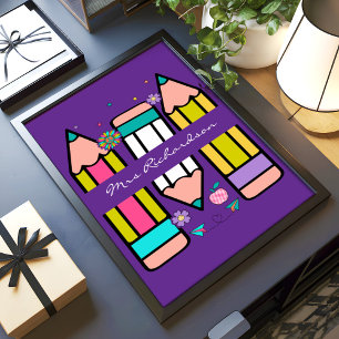 Purple Colorful Teacher Cartoon Pencil Poster