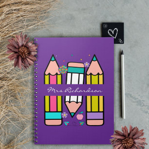 Purple Colorful teacher name pencil cartoon Notebook