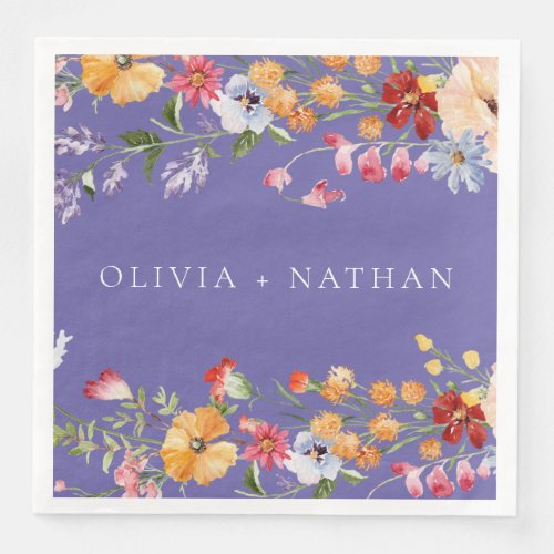Purple Colorful Watercolor Wildflowers Wedding Paper Dinner Napkins