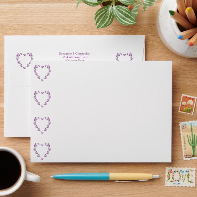 Purple Coloured Butterflies Design Wedding Envelope (Desk)