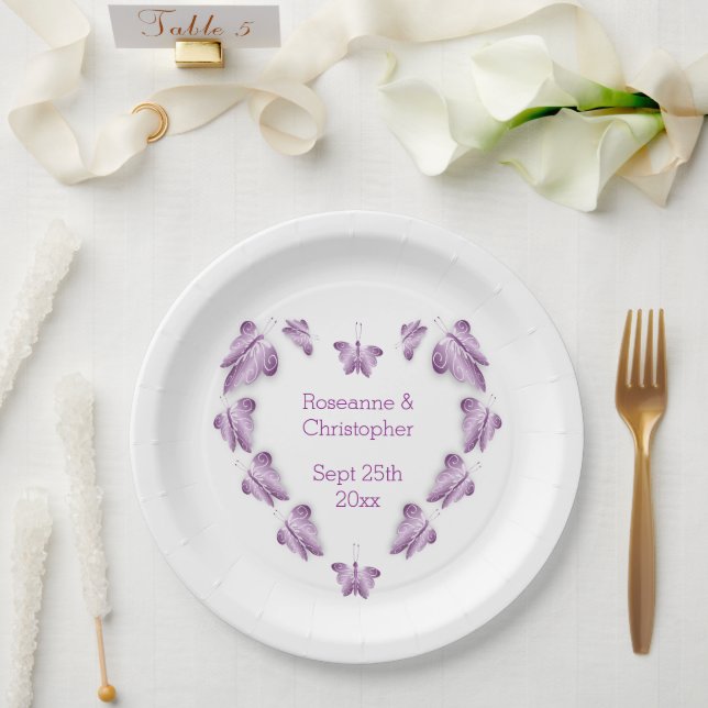 Purple Coloured Butterflies Design Wedding Paper Plates (Wedding)