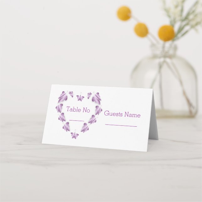 Purple Coloured Butterflies Design Wedding Place Card (Front)