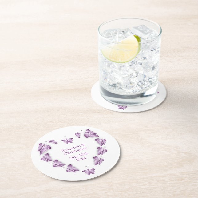 Purple Coloured Butterflies Design Wedding Round Paper Coaster (Insitu)