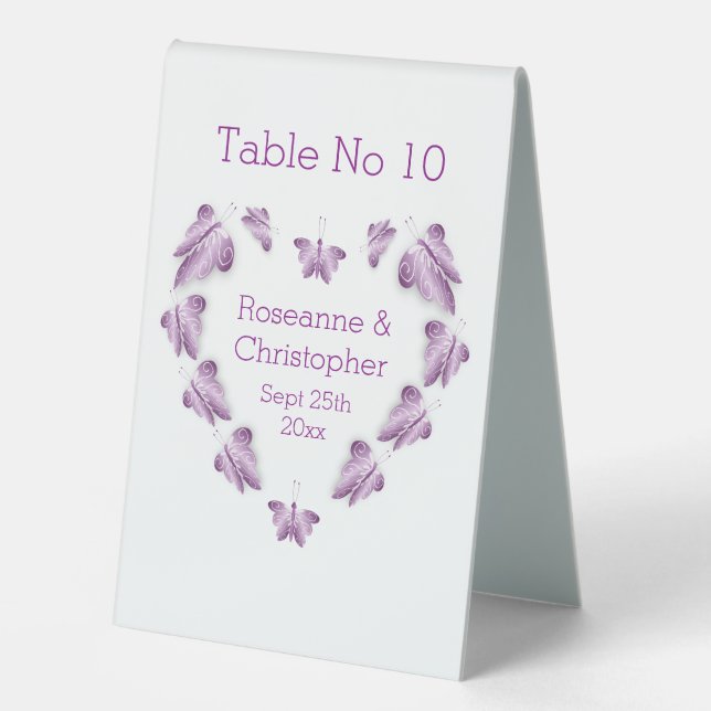 Purple Coloured Butterflies Design Wedding Table Tent (Front)