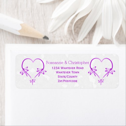 Purple Coloured Dragonfly Heart Design Wedding Label