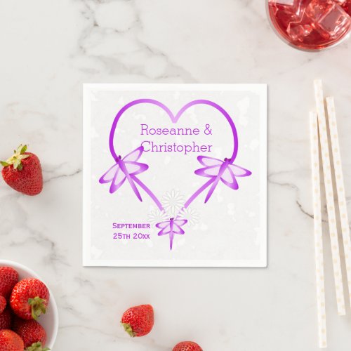 Purple Coloured Dragonfly Heart Design Wedding Napkins