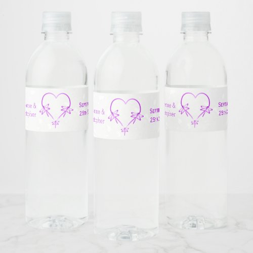Purple Coloured Dragonfly Heart Design Wedding Water Bottle Label